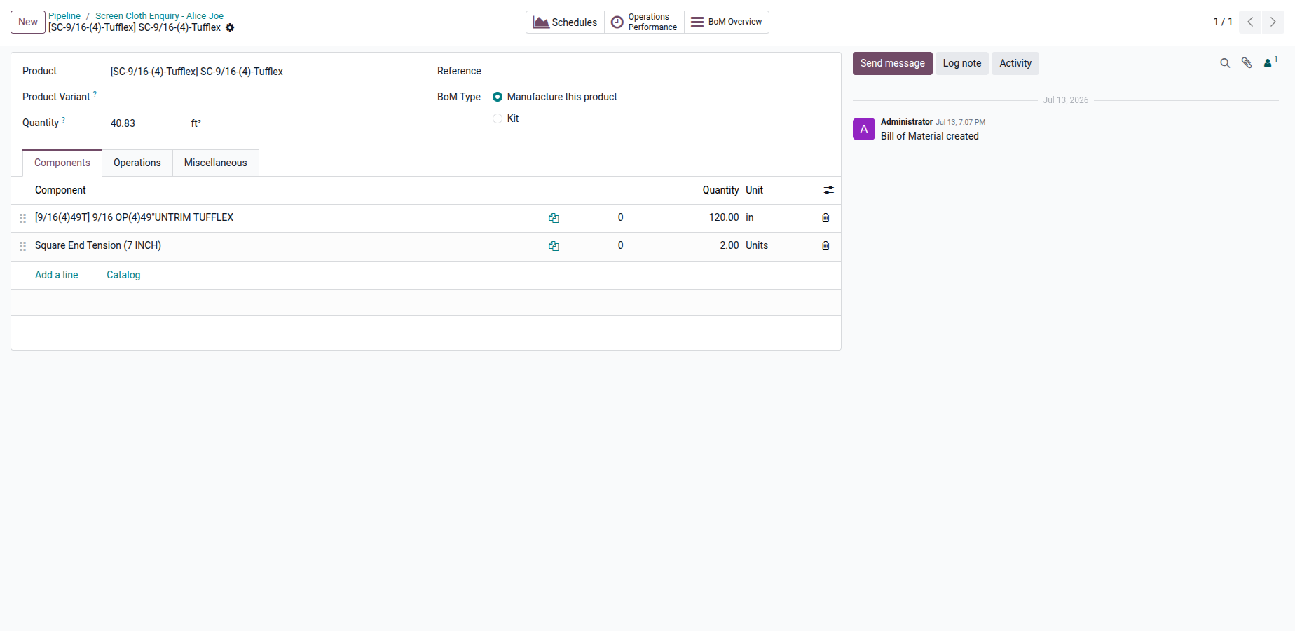 Dynamic Products & BoMs Odoo demo screen
